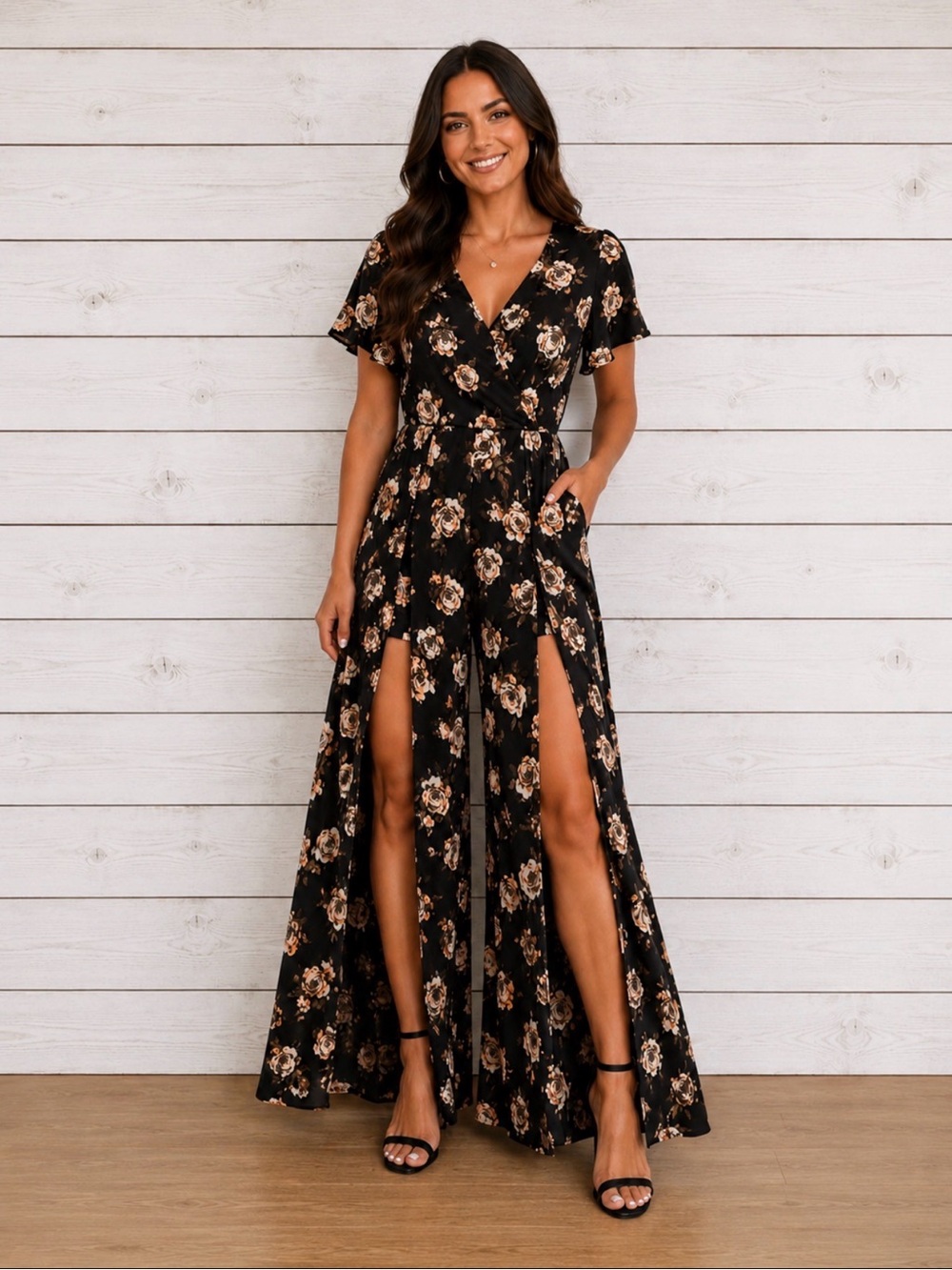 Live 4 Truth Black Floral Maxi Romper Jumpsuit Split Leg Resort Vacation Club 2X